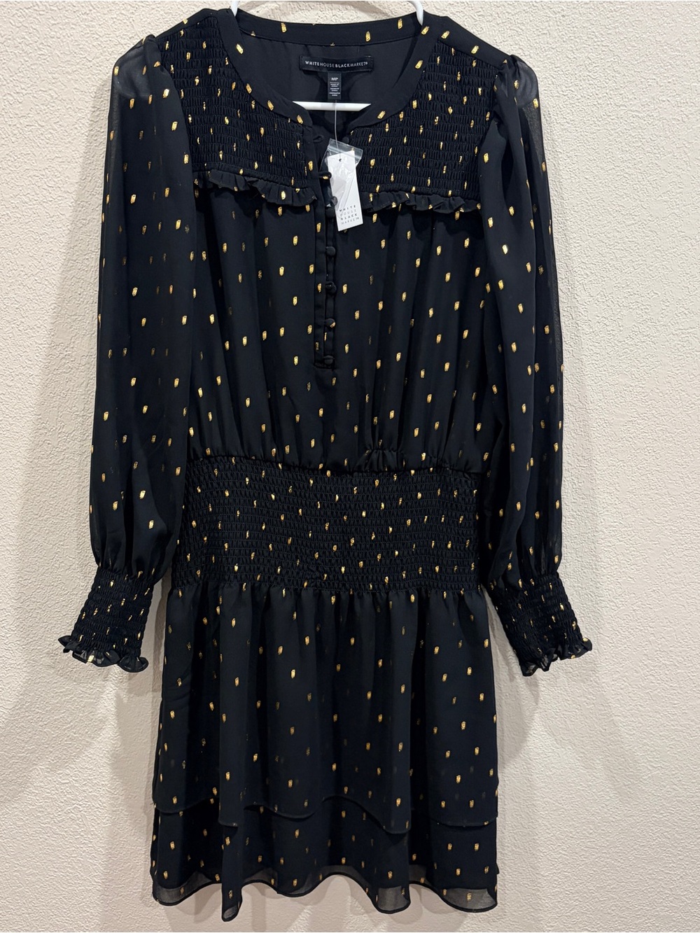 White House Black Market Metallic Gold Clip-Dot Smocked Blouson Mini Dress